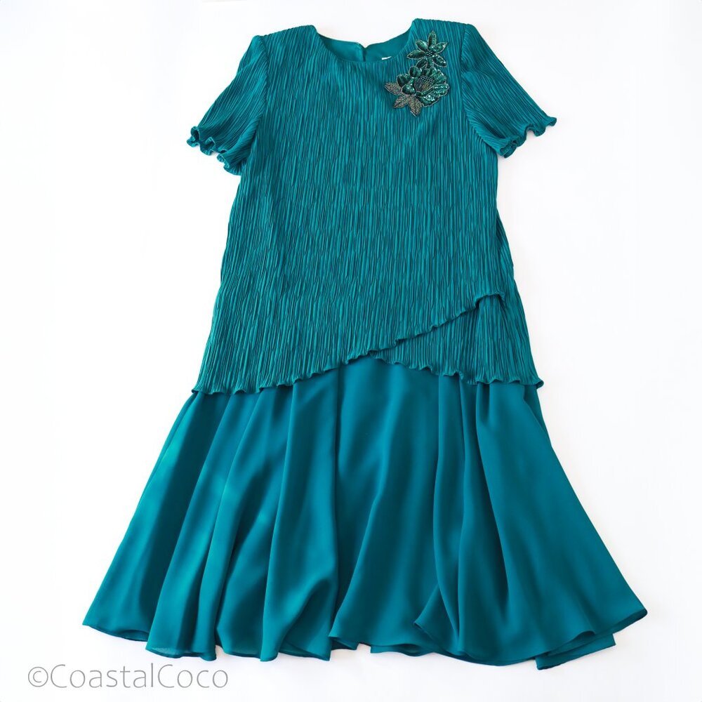 Vintage After Dark Teal Dress 14 Drop Waist 90s Sequin Cocktail Evening Gatsby